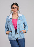 Sky Blue Collar Fur Denim Jacket